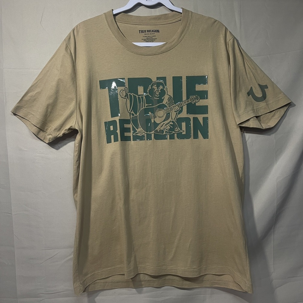 True Religion Buddha Guitar Graphic Beige Shirt Mens Size XLarge Y2K Street Wear